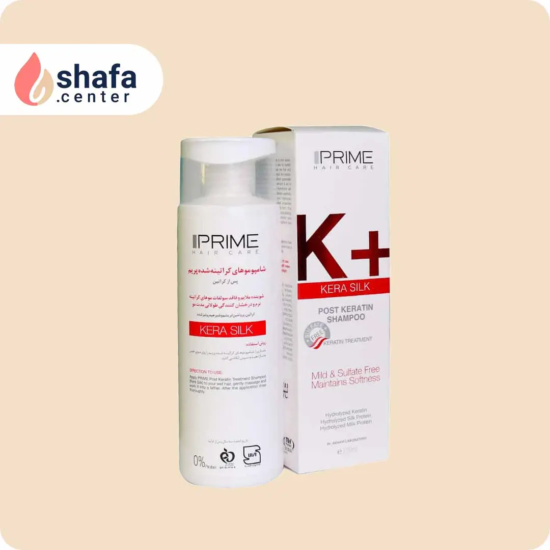 شامپو فاقد سولفات موهای کراتینه شده پرایم مدل +K حجم 250 میلی لیتر