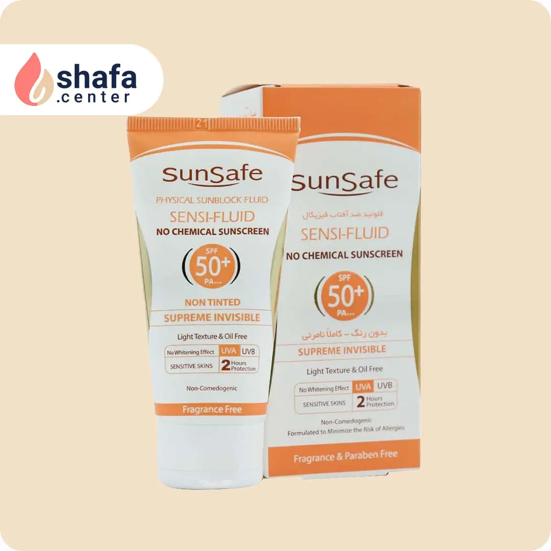 فلوئید ضد آفتاب فیزیکال سان سیف SPF 50 بی‌رنگ – مناسب پوست حساس و مستعد قرمزی – ۴۰ میلی‌لیتر